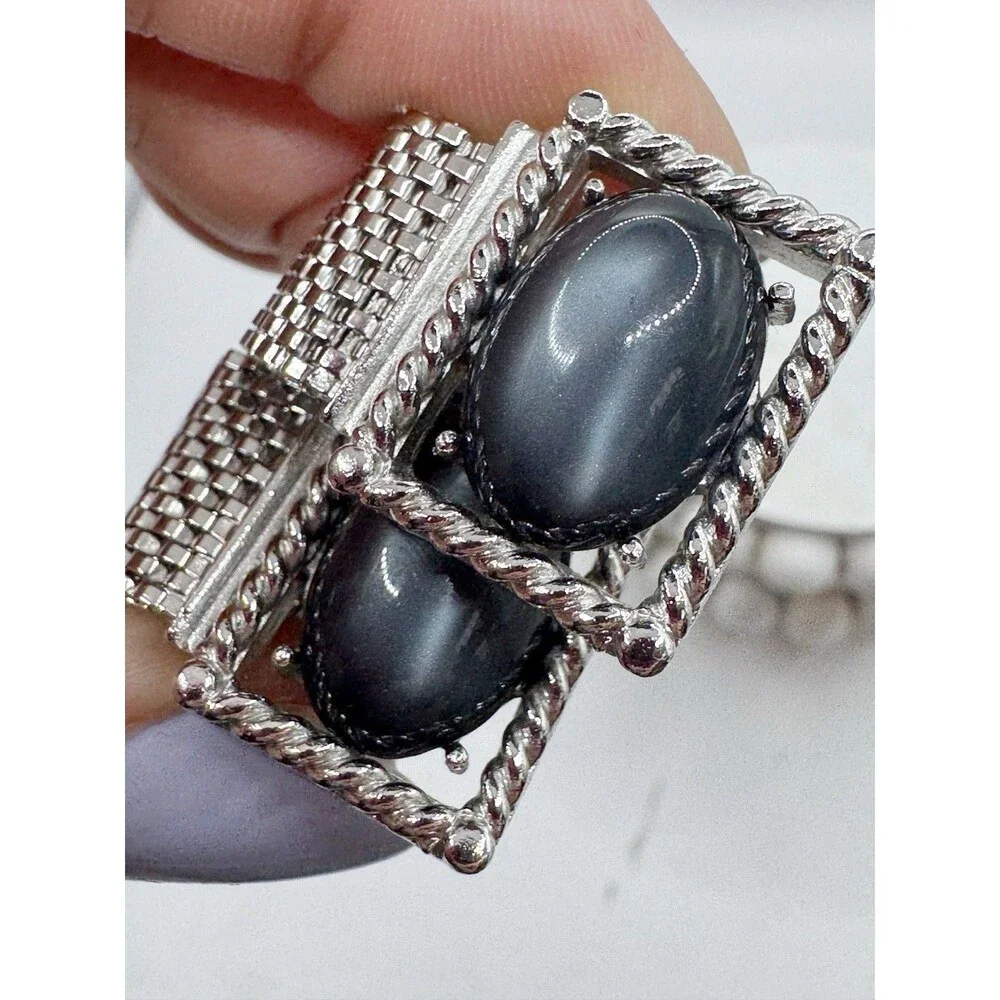 Vtg Swank Silver Tone Rectangular Grey Moonglow Oval Cabochon Mesh Cufflinks